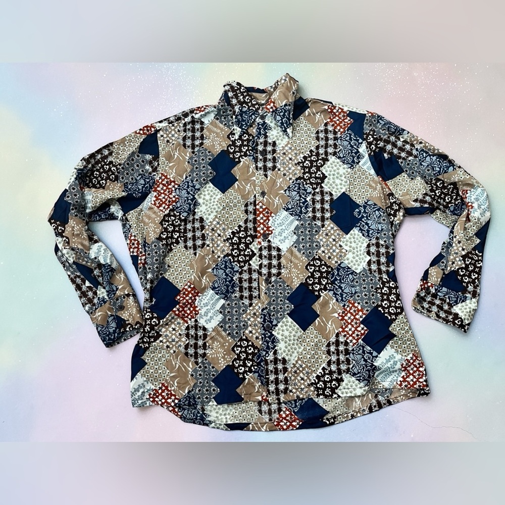 Patchwork novelty poly Print Long Sleeve pointy collar vintage  Button-Up Shirt